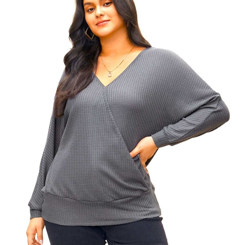 NWOT BloomChic “SHELBY” gray long sleeve dolman waffle knit crossover top Sz 12